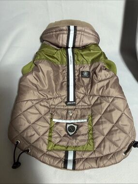Silver Paw Puffer Dog Coat with Hood in Taupe and Olive
